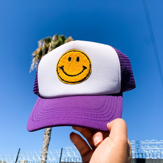 Purple Fuzzy Happy Patch Trucker Hat